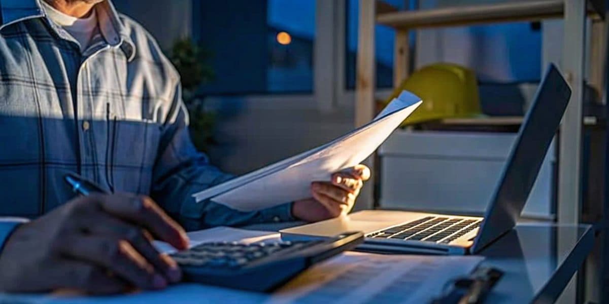A business owner reviewing fuel purchase paperwork at a desk