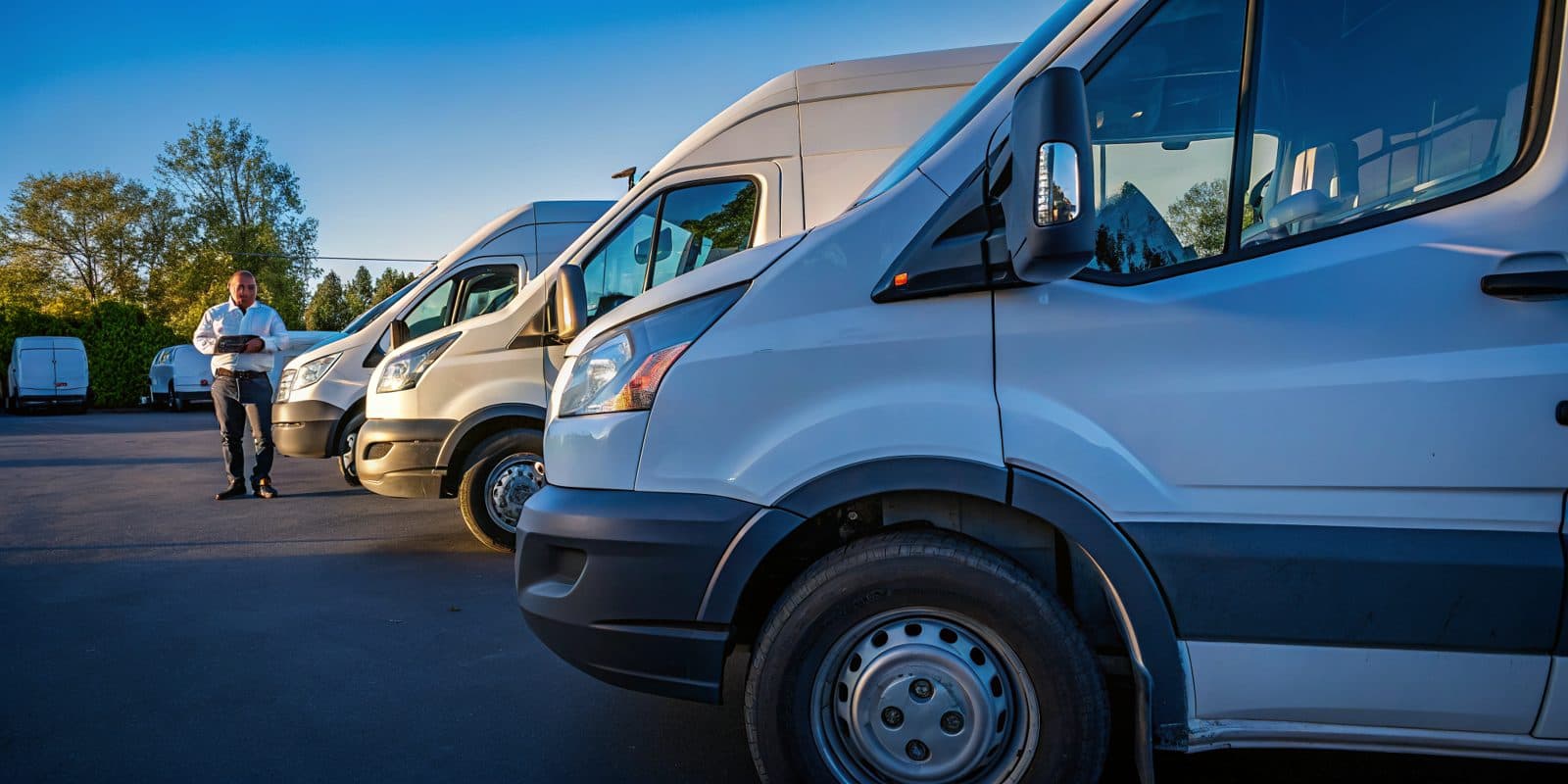 Commercial delivery fleet vehicles lined up at a depot